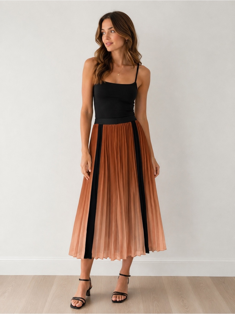 Maje Paris Jona Pleated Ombre Midi Skirt Brown Pink Black Stripe Knit Size 3